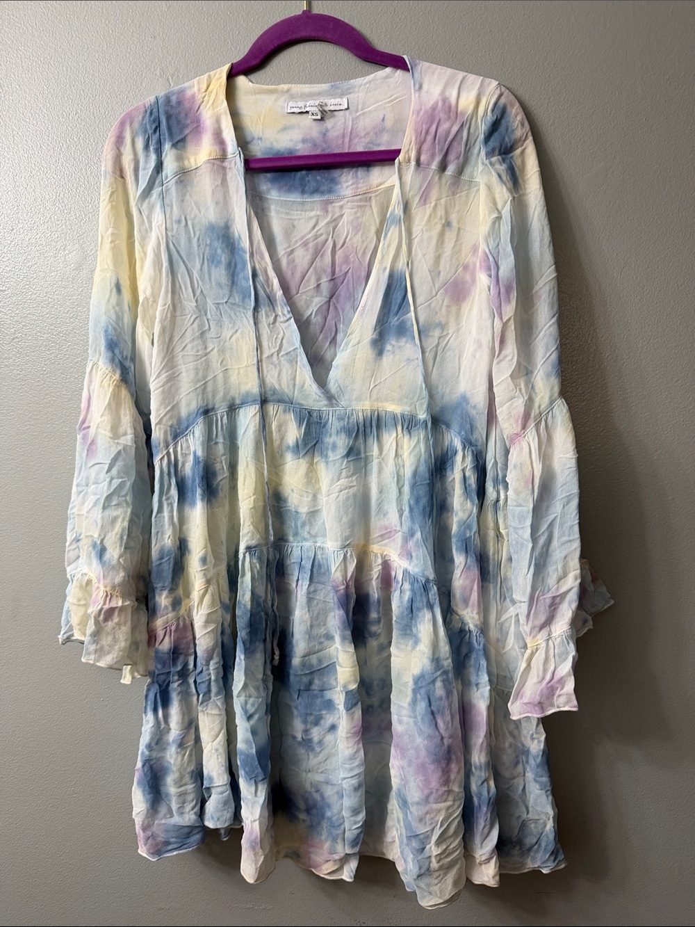 Young Fabulous & Broke Pastel Tie-Dye Blue, Purple & Yellow Babydoll Top xs